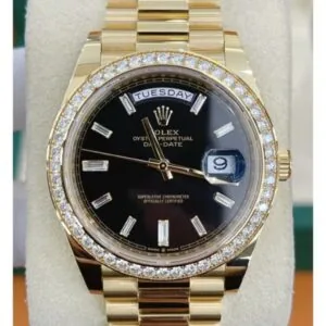 RLX Day-Date 40mm Black Diamond Dial and Diamond Bezel Yellow Gold President Bracelet 228348RBR-0001