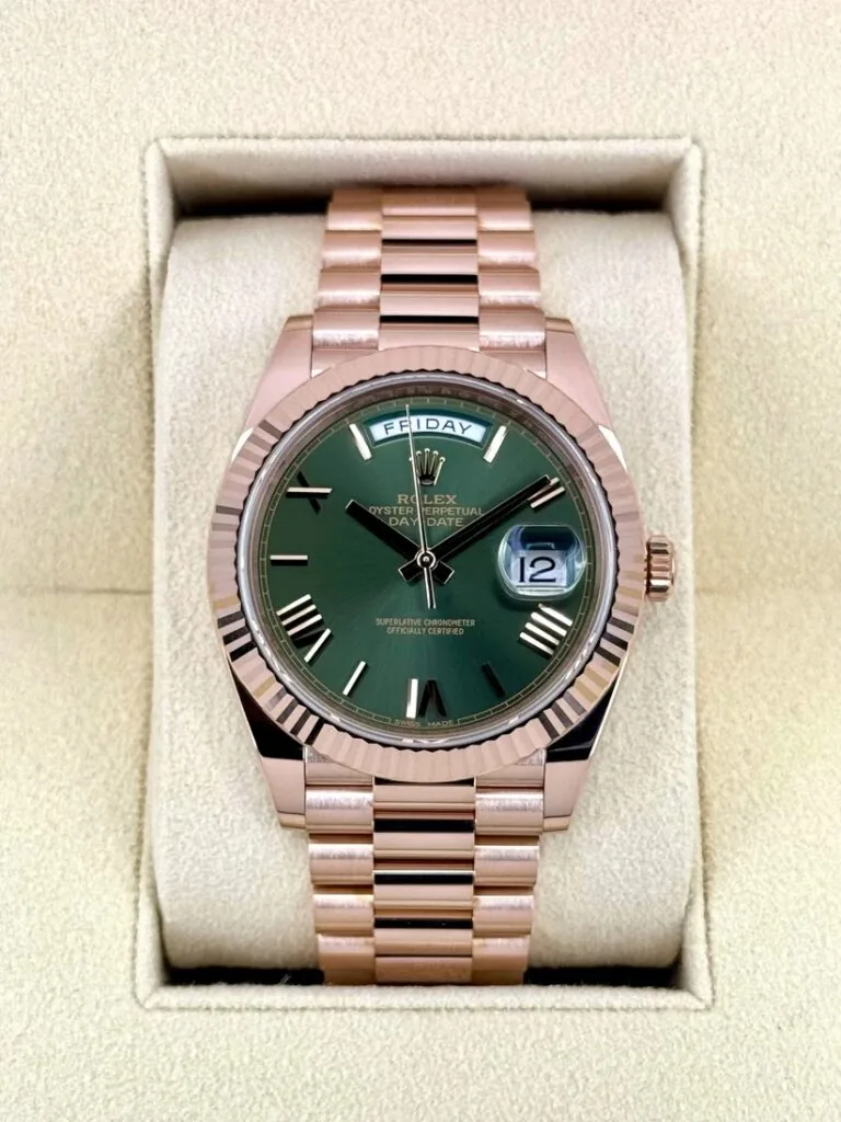 RLX Day-Date "President" 36mm Everose Gold Olive Green Roman Dial 128235
