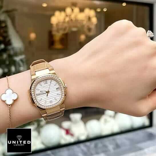 Patek Philippe Nautilus 7010R-011 Replica 5 Patek Philippe Diamond Bezel Leather Bracelet Replica on the women wrist
