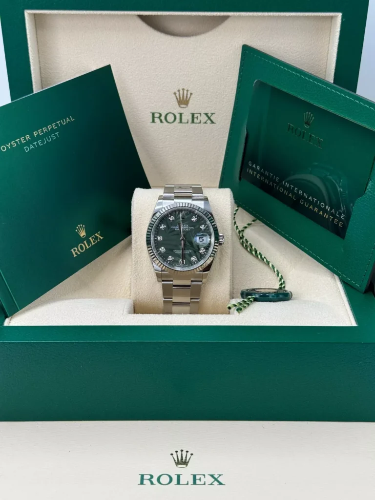 RLX Datejust 36mm 126234 Olive Green Palm Motif Diamond Dial Jubilee Stainless Steel Watch