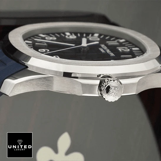 Patek Philippe White Gold Replica 1 Patek Philippe Aquanaut Blue Dial 5168G-001 Replica side view crown