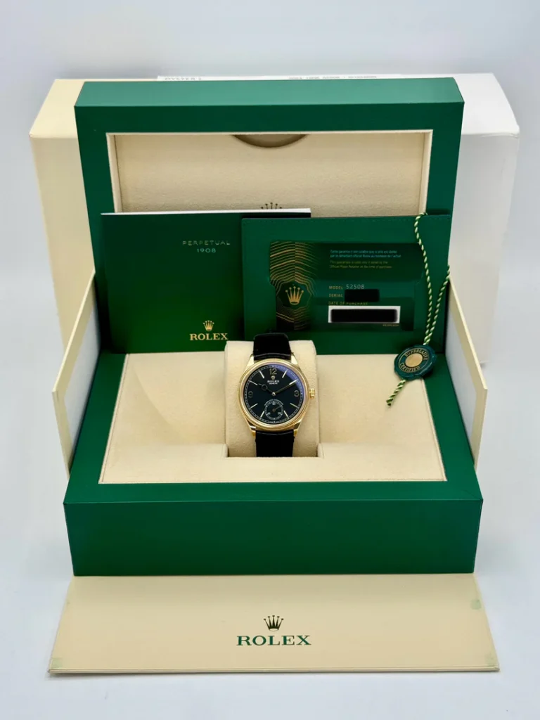 Rolex 1908 Yellow Gold Black Dial Black Alligator Strap - 52508-0002