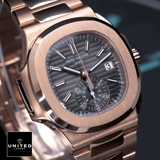 Patek Philippe Nautilus Brown Dial Replica 4 Patek Philippe Black Dial Rose Gold Case Replica front view