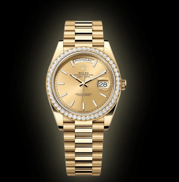 RLX Day-Date 40mm Champaign Dial and Diamond Bezel Yellow Gold President Bracelet 228348RBR-0008