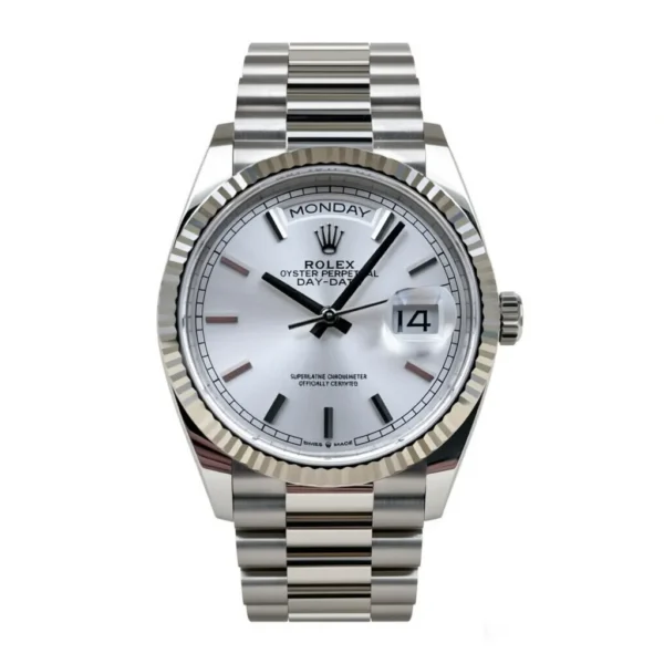 RLX Day-Date "President" 40mm White Gold Silver Diamond Baguette Dial - 228239