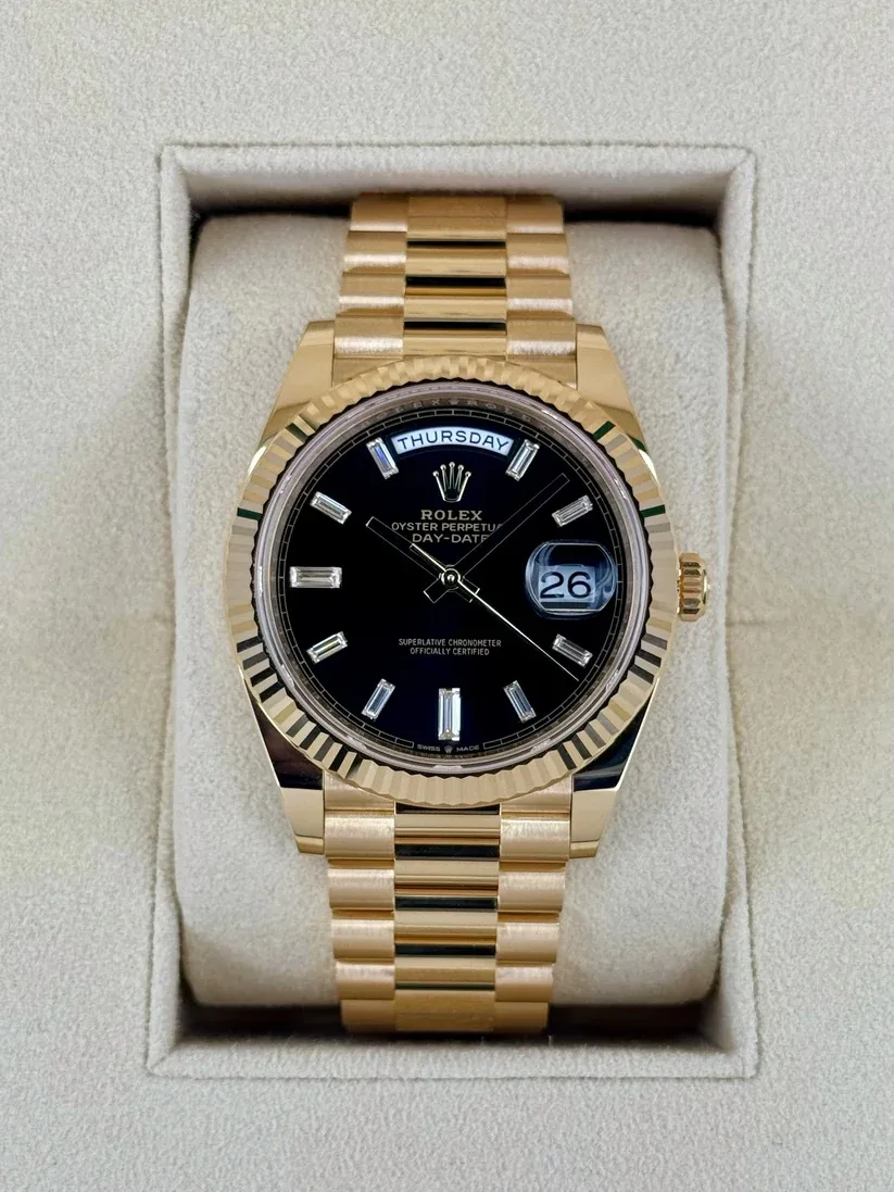 RLX Yellow Gold President Day Date 40mm Black Diamond Baguette Dial - 228238