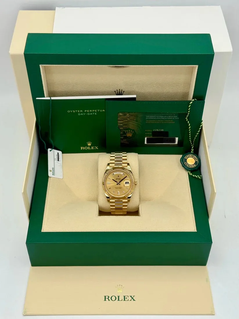 RLX Day-Date "President" 40mm Yellow Gold Champagne Diamond Baguette Dial - 228238