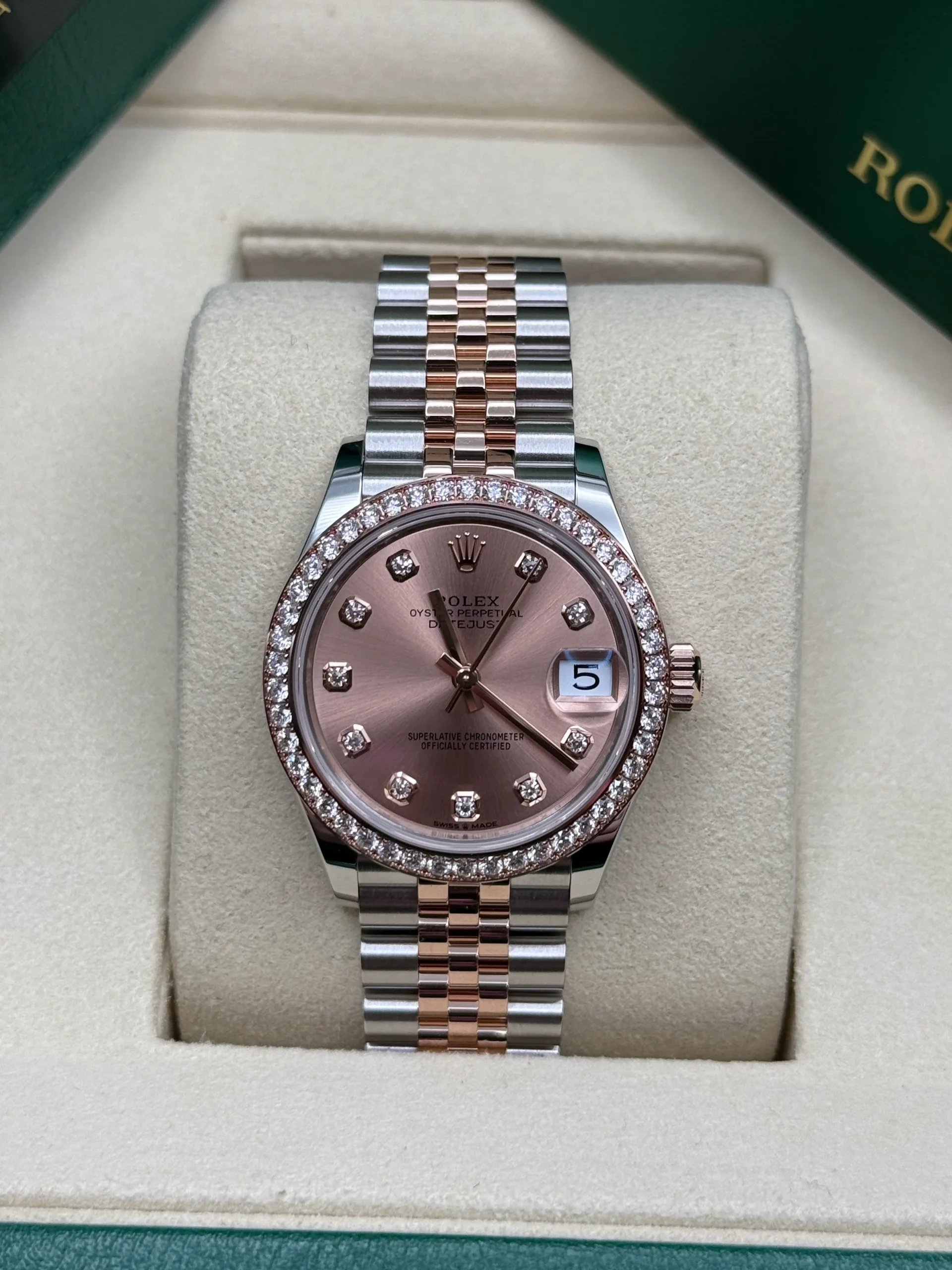 RLX Datejust m278381-0023/0024 Rose Diamond 31mm Dial Diamond-Set Bezel and Oyster Bracelet Watch
