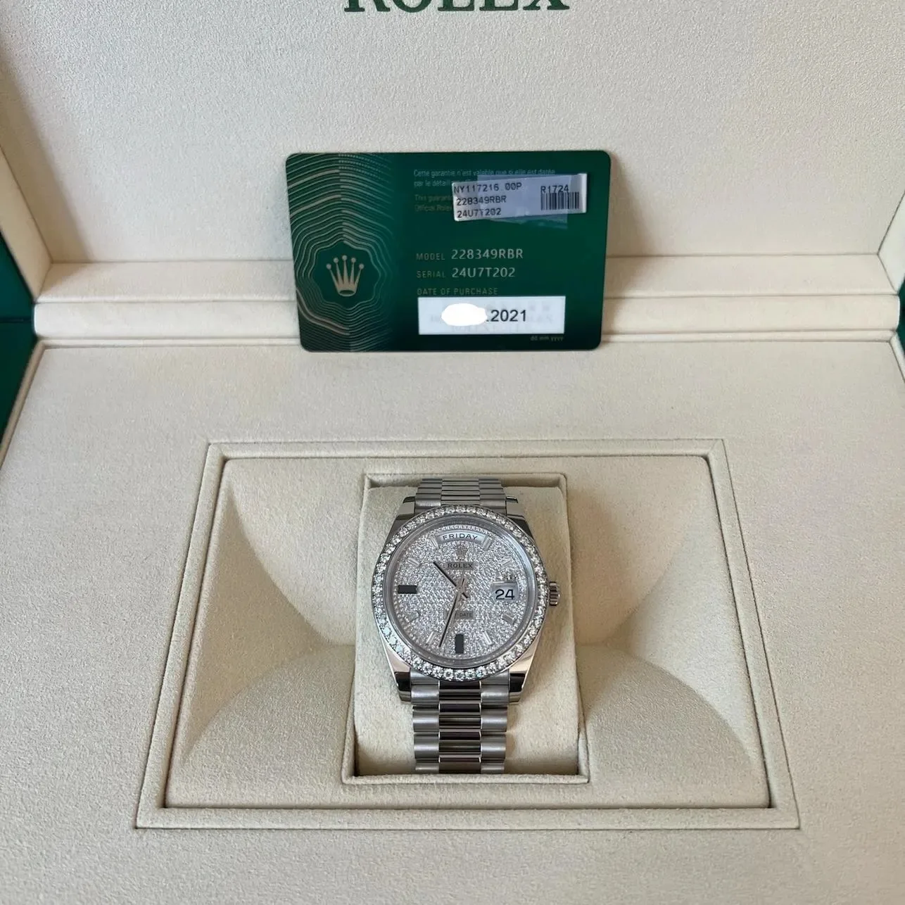 RLX 228349RBR-0036 Day-Date 40mm 18k White Gold Paved With Diamonds Watch