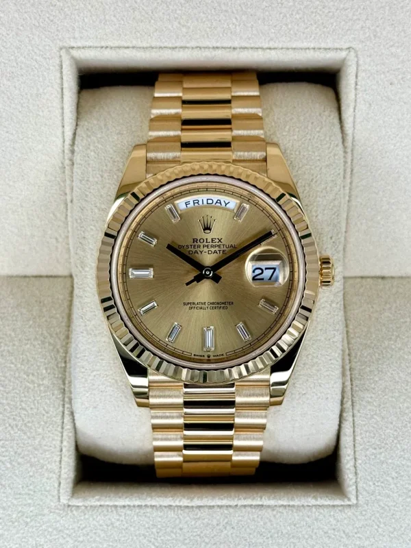 RLX Day-Date "President" 40mm Yellow Gold Champagne Diamond Baguette Dial - 228238