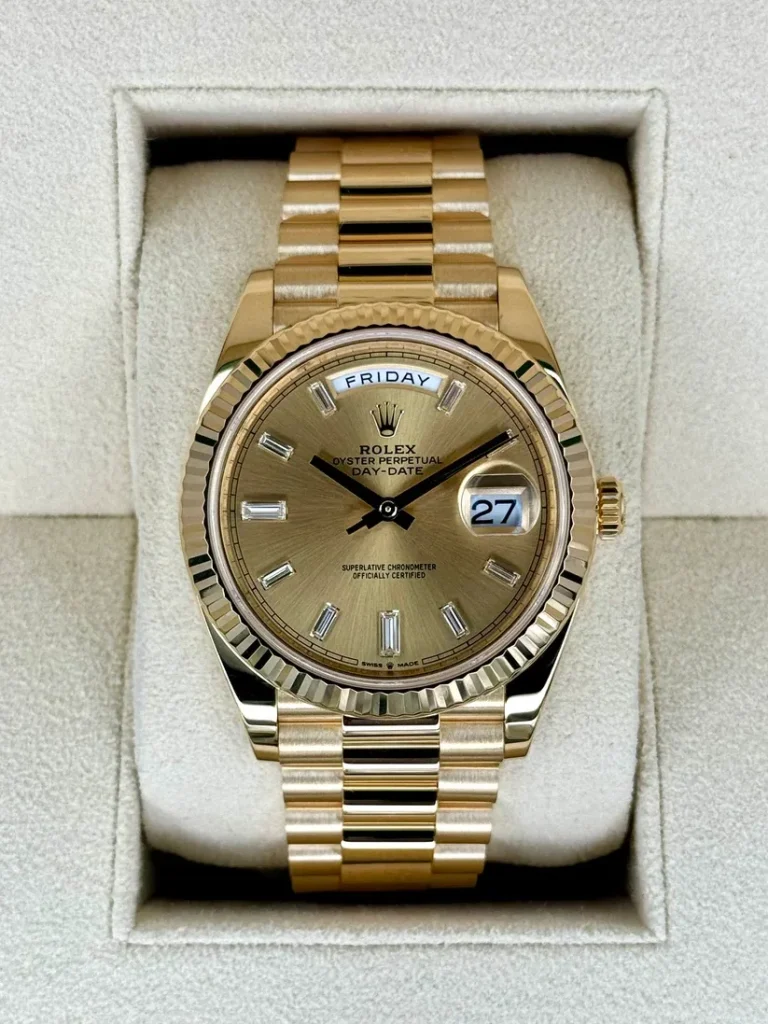 RLX Day-Date "President" 40mm Yellow Gold Champagne Diamond Baguette Dial - 228238