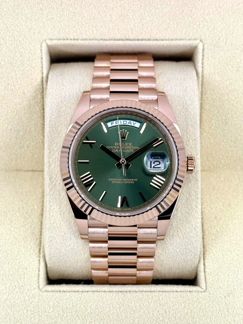 RLX Day-Date "President" 40mm Everose Gold Olive Green Roman Dial - 228235