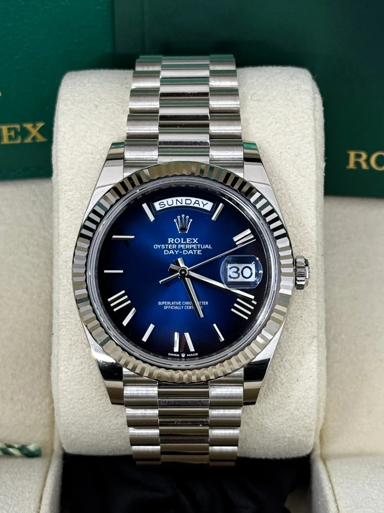 RLX Day-Date "President" 40mm Platinum Blue Roman Ombre Dial - 228236